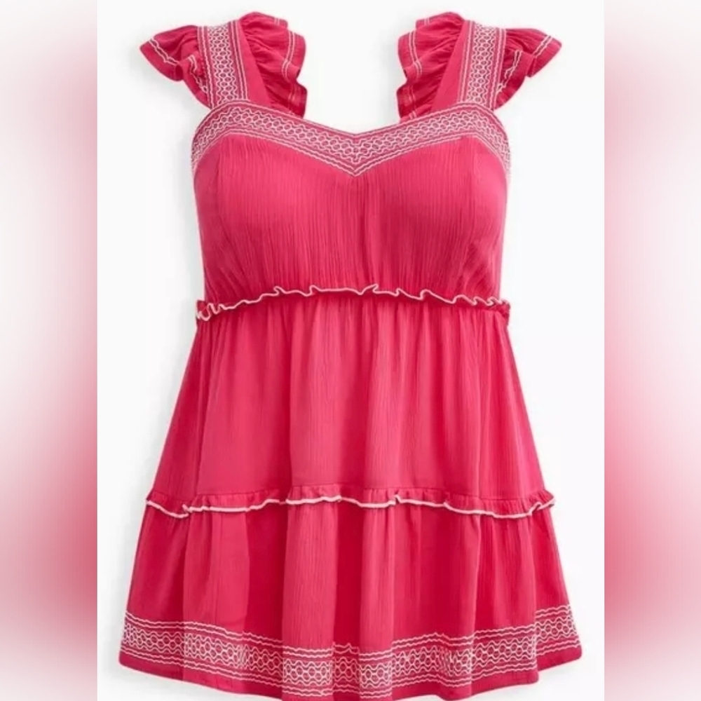 TORRID- BABY DOLL CRINKLE GAUZE EMBROIDERY TIERED TANK